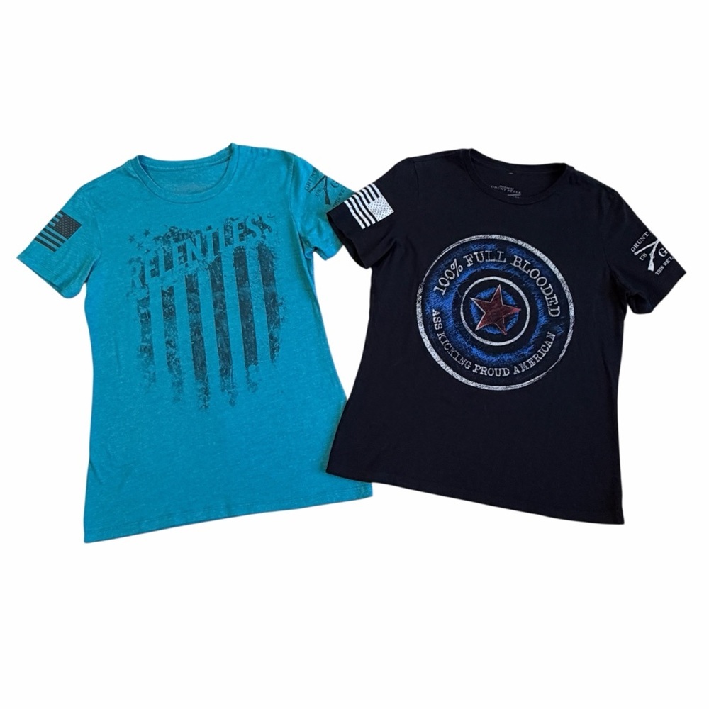 Grunt Style Women’s Patriotic Tshirt Set of 2 Black and Teal Size M & L #2097